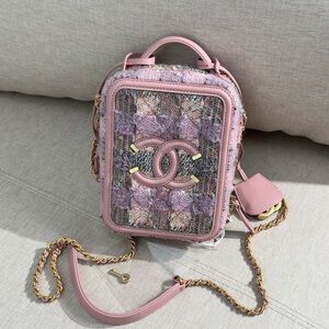CHANEL Pink Tweed Mini Vertical Flap Top Handle GHW